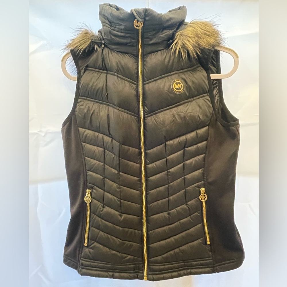 Michael Kors Black Puffer Vest with Gold Accents